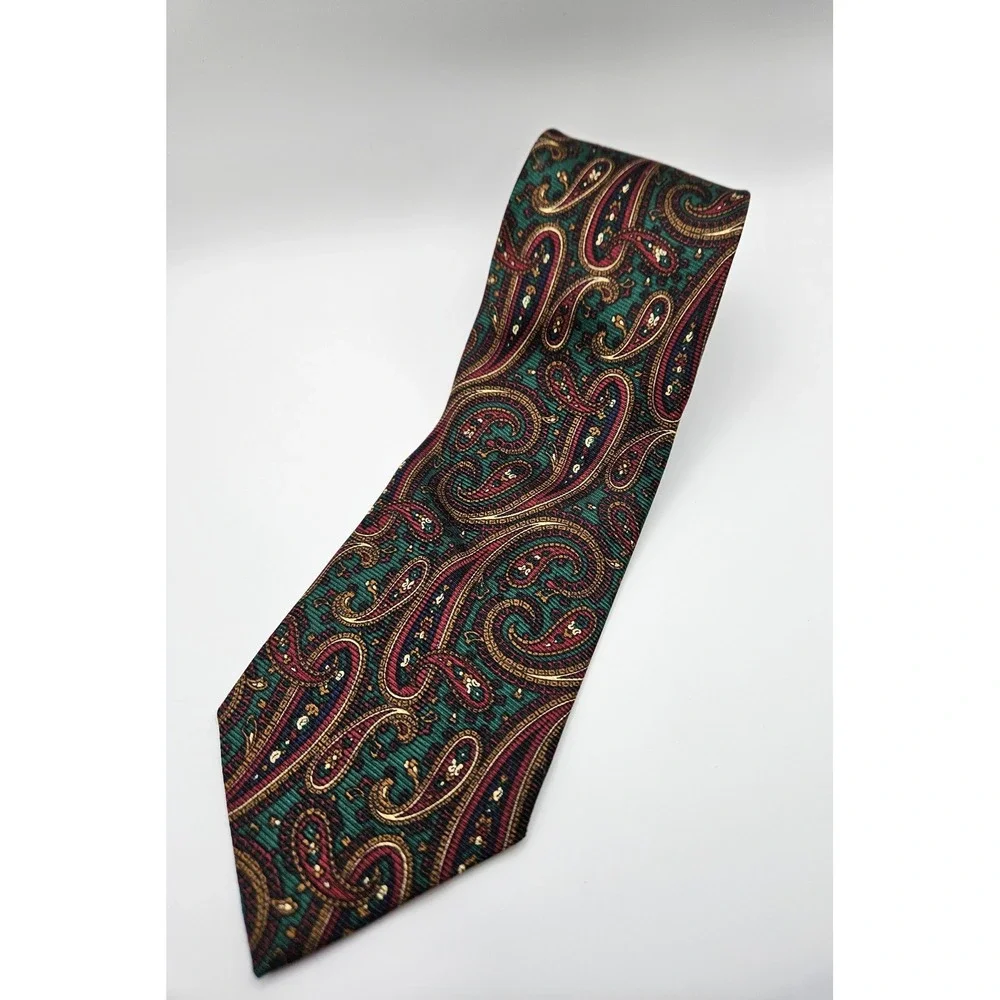 Polo Ralph Lauren Nordstrom Mens Silk Paisley Tie Green Burgundy Gold Hand Made